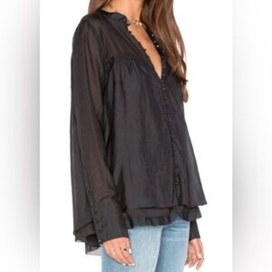 Free People  Women’s Blouse Size XS Black Sheer  Top Button Up Lined Silk Blend